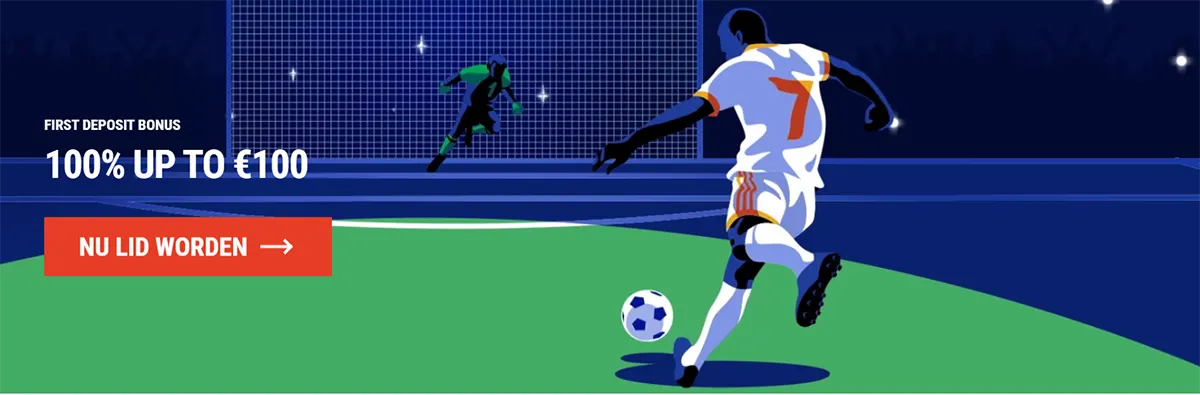 Sports betting welcome bonus banner showing a football player taking a penalty kick, promoting a 100% first deposit bonus up to €100 with a “Join now” call-to-action button.