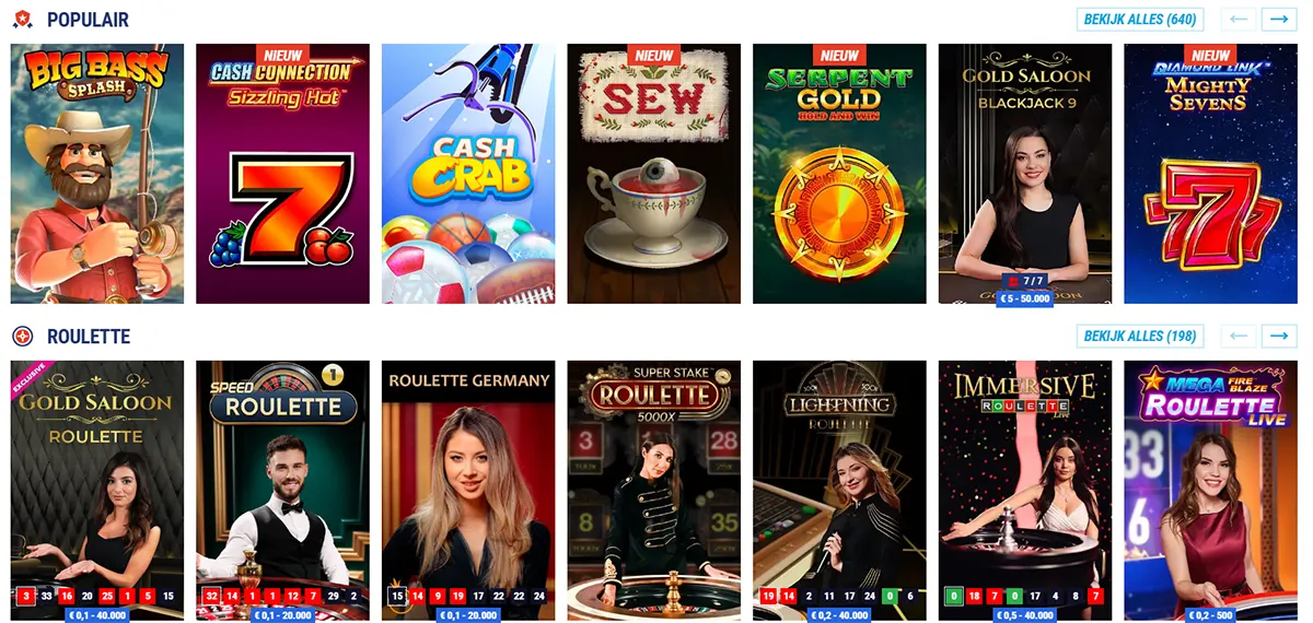 Online casino games lobby showing popular slot titles and live roulette games, featuring colourful game thumbnails, blackjack and roulette tables, and a “View all” option on a dark interface.