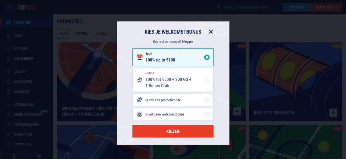 Casino welcome bonus selection popup offering a choice between sports and casino bonuses, promo code entry, or no bonus option, displayed on a dark gaming interface.